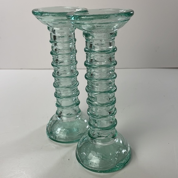 La Mediterranea Recycled Aqua Coloured Glass Candle Stick Holders Pair - Picture 9 of 12